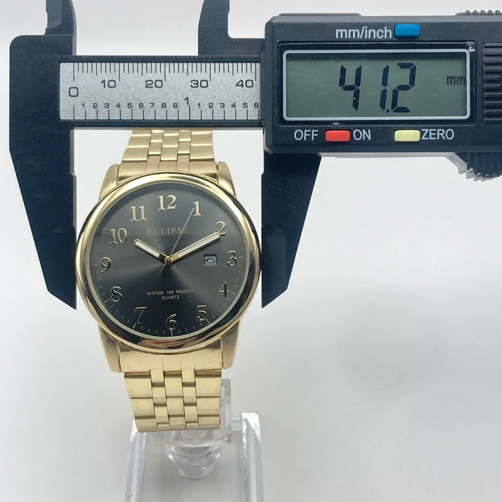 Eclipse Mens Watch 41mm Gold Tone Date Grey Dial 50M WR Classic New Battery 8